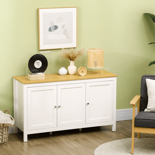 HOMCOM Aparador de Sala de Estar com 3 Portas Buffet Sala de Estar com Prateleiras Ajustáveis para Sala de Jantar Estilo Moderno 120x40x70 cm Branco e Madeira
