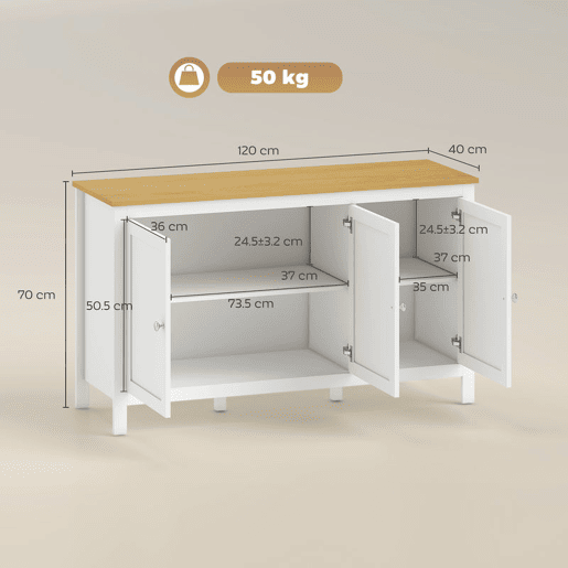 HOMCOM Aparador de Sala de Estar com 3 Portas Buffet Sala de Estar com Prateleiras Ajustáveis para Sala de Jantar Estilo Moderno 120x40x70 cm Branco e Madeira