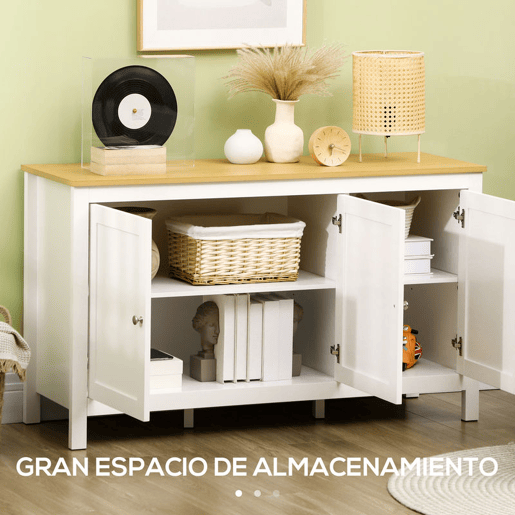 HOMCOM Aparador de Sala de Estar com 3 Portas Buffet Sala de Estar com Prateleiras Ajustáveis para Sala de Jantar Estilo Moderno 120x40x70 cm Branco e Madeira