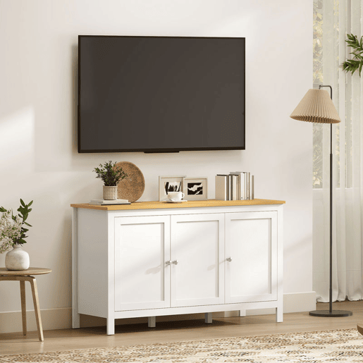 HOMCOM Aparador de Sala de Estar com 3 Portas Buffet Sala de Estar com Prateleiras Ajustáveis para Sala de Jantar Estilo Moderno 120x40x70 cm Branco e Madeira