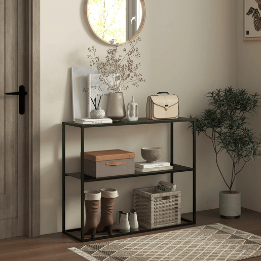 HOMCOM Mesa Consola Estilo Industrial Mesa de Entrada com Prateleira Estrutura de Aço e Desenho Anti-Tombo Móvel de Entrada para Sala de Estar Corredor Carga 20 kg 90x30x75 cm Preto