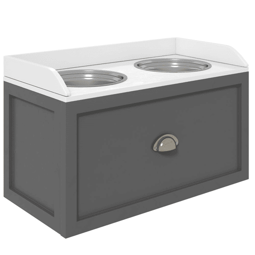 PawHut Comedouro Elevado para Cães Comedouro para Cães com 2 Tigelas 2000ml de Aço Inoxidável Gaveta Oculta com Suporte de Madeira para Animais de Estimação 60x30x36 cm Cinza