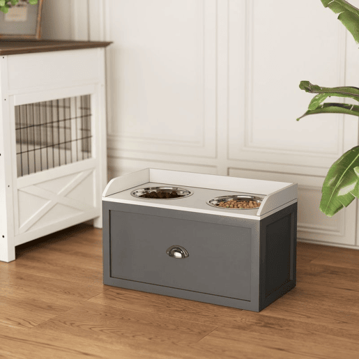 PawHut Comedouro Elevado para Cães Comedouro para Cães com 2 Tigelas 2000ml de Aço Inoxidável Gaveta Oculta com Suporte de Madeira para Animais de Estimação 60x30x36 cm Cinza