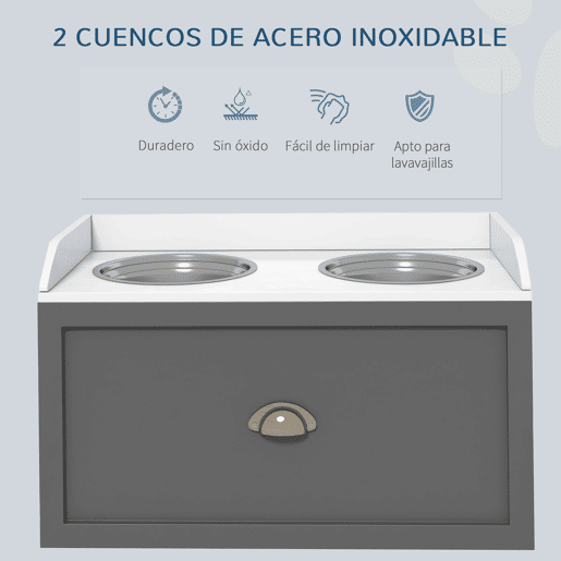 PawHut Comedouro Elevado para Cães Comedouro para Cães com 2 Tigelas 2000ml de Aço Inoxidável Gaveta Oculta com Suporte de Madeira para Animais de Estimação 60x30x36 cm Cinza