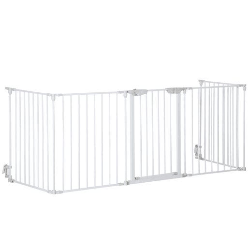 PawHut Barreira de Segurança para Animais de Estimação Barreira Dobrável de 5 Painéis com Fechadura Inteligente para Corredor Escada 300x74,5 cm Branco