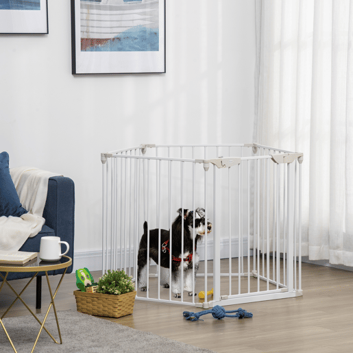 PawHut Barreira de Segurança para Animais de Estimação Barreira Dobrável de 5 Painéis com Fechadura Inteligente para Corredor Escada 300x74,5 cm Branco