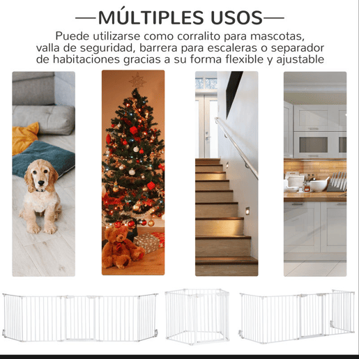 PawHut Barreira de Segurança para Animais de Estimação Barreira Dobrável de 5 Painéis com Fechadura Inteligente para Corredor Escada 300x74,5 cm Branco