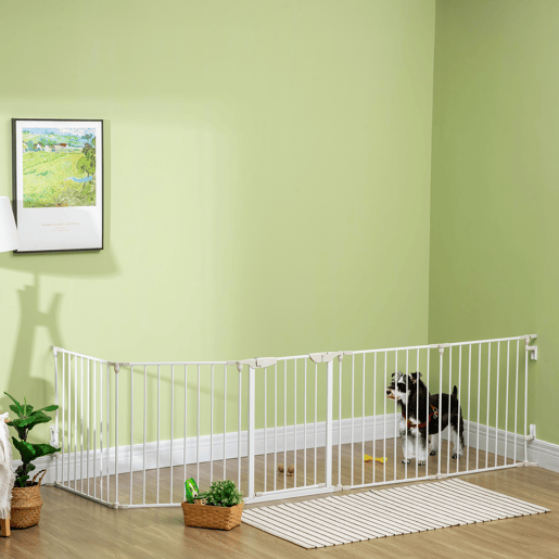 PawHut Barreira de Segurança para Animais de Estimação Barreira Dobrável de 5 Painéis com Fechadura Inteligente para Corredor Escada 300x74,5 cm Branco