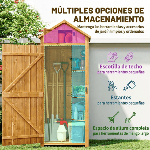 Outsunny Armário de Jardim de Madeira 77x54,2x179 cm 0,3 m² Armário de Armazenamento de Ferramentas com 3 Prateleiras e 2 Portas com Fechadura para Pátio Varanda Madeira e Verde