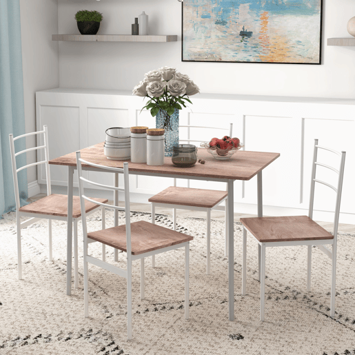 HOMCOM Conjunto de Refeição 5 Peças Conjunto de Mesa e 4 Cadeiras para 4 Pessoas com Estrutura de Aço para Cozinha Restaurante 110x70x75 cm Madeira e Branco