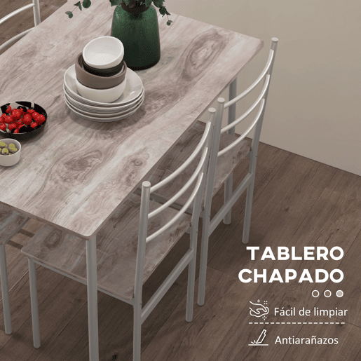 HOMCOM Conjunto de Refeição 5 Peças Conjunto de Mesa e 4 Cadeiras para 4 Pessoas com Estrutura de Aço para Cozinha Restaurante 110x70x75 cm Madeira e Branco