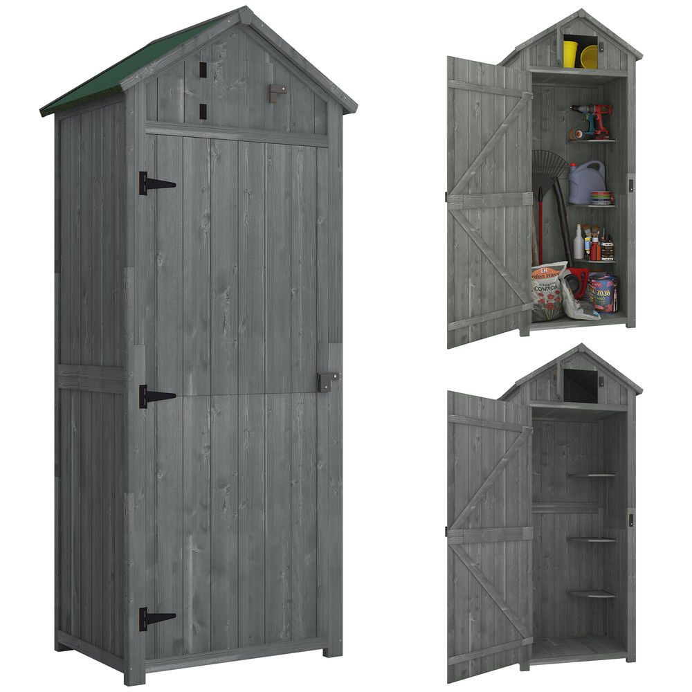 Outsunny armario de jardín de madera 77x54,2x179 cm 0,3 m² cobertizo para almacenaje de herramientas con 3 estantes y 2 puertas con cerrojo para patio terraza gris y verde