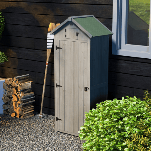 Outsunny Armário de Jardim de Madeira 77x54,2x179 cm 0,3 m² Armário de Armazenamento de Ferramentas com 3 Prateleiras e 2 Portas com Fechadura para Pátio Varanda Cinza e Verde