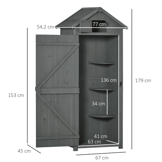 Outsunny Armário de Jardim de Madeira 77x54,2x179 cm 0,3 m² Armário de Armazenamento de Ferramentas com 3 Prateleiras e 2 Portas com Fechadura para Pátio Varanda Cinza e Verde