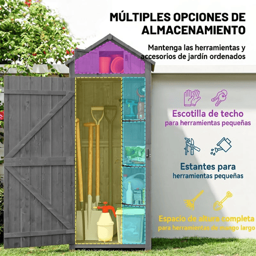 Outsunny Armário de Jardim de Madeira 77x54,2x179 cm 0,3 m² Armário de Armazenamento de Ferramentas com 3 Prateleiras e 2 Portas com Fechadura para Pátio Varanda Cinza e Verde