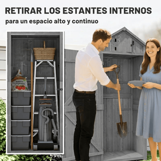 Outsunny Armário de Jardim de Madeira 77x54,2x179 cm 0,3 m² Armário de Armazenamento de Ferramentas com 3 Prateleiras e 2 Portas com Fechadura para Pátio Varanda Cinza e Verde