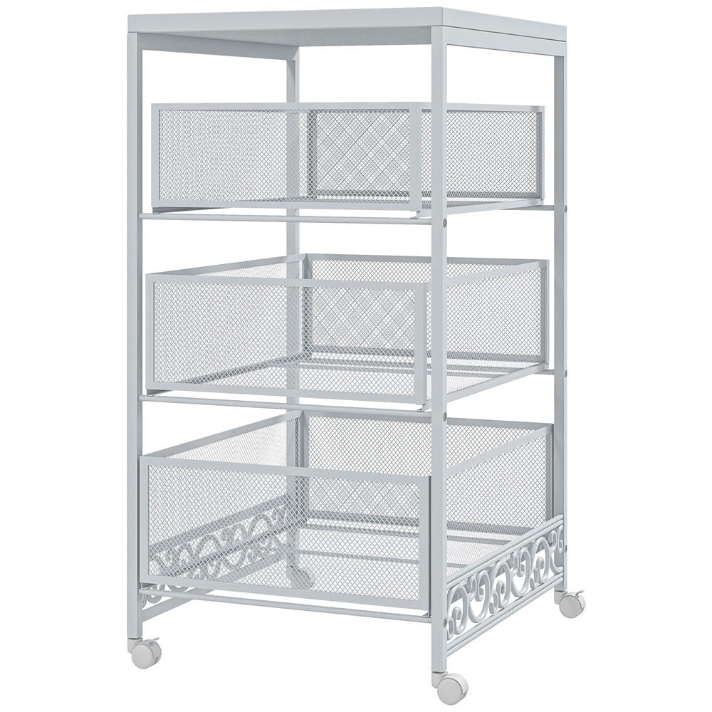 Homcom carrito auxiliar con ruedas carrito de almacenamiento de 3 niveles con 3 cesta de almacenamiento para salón comedor cocina baño 34x29,5x57,5 cm blanco