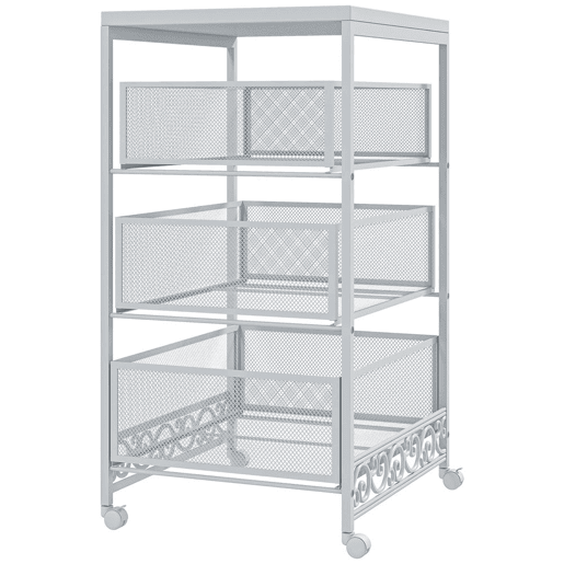 HOMCOM Carrinho Auxiliar com Rodas Carrinho de Armazenamento de 3 Níveis com 3 Gavetas de Armazenamento para Sala de Estar Sala de Jantar Casa de Banho 34x29,5x57,5 cm Branco