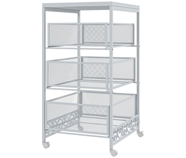 Homcom carrito auxiliar con ruedas carrito de almacenamiento de 3 niveles con 3 cesta de almacenamiento para salón comedor cocina baño 34x29,5x57,5 cm blanco