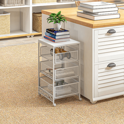 HOMCOM Carrinho Auxiliar com Rodas Carrinho de Armazenamento de 3 Níveis com 3 Gavetas de Armazenamento para Sala de Estar Sala de Jantar Casa de Banho 34x29,5x57,5 cm Branco