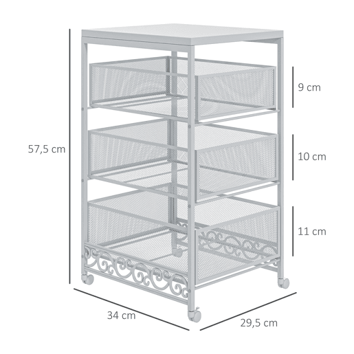 HOMCOM Carrinho Auxiliar com Rodas Carrinho de Armazenamento de 3 Níveis com 3 Gavetas de Armazenamento para Sala de Estar Sala de Jantar Casa de Banho 34x29,5x57,5 cm Branco