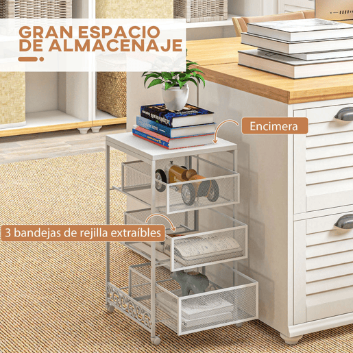 HOMCOM Carrinho Auxiliar com Rodas Carrinho de Armazenamento de 3 Níveis com 3 Gavetas de Armazenamento para Sala de Estar Sala de Jantar Casa de Banho 34x29,5x57,5 cm Branco