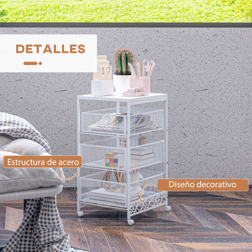 HOMCOM Carrinho Auxiliar com Rodas Carrinho de Armazenamento de 3 Níveis com 3 Gavetas de Armazenamento para Sala de Estar Sala de Jantar Casa de Banho 34x29,5x57,5 cm Branco