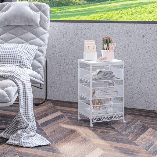 HOMCOM Carrinho Auxiliar com Rodas Carrinho de Armazenamento de 3 Níveis com 3 Gavetas de Armazenamento para Sala de Estar Sala de Jantar Casa de Banho 34x29,5x57,5 cm Branco