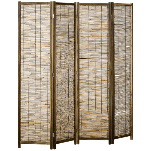 HOMCOM Biombo de 4 Painéis Separador de Ambientes Dobrável 160x1,8x170 cm Divisor de Ambientes de Madeira e Caniço Estilo Rústico para Escritório Dormitório Sala de Estar Madeira