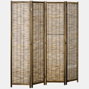 HOMCOM Biombo de 4 Painéis Separador de Ambientes Dobrável 160x1,8x170 cm Divisor de Ambientes de Madeira e Caniço Estilo Rústico para Escritório Dormitório Sala de Estar Madeira