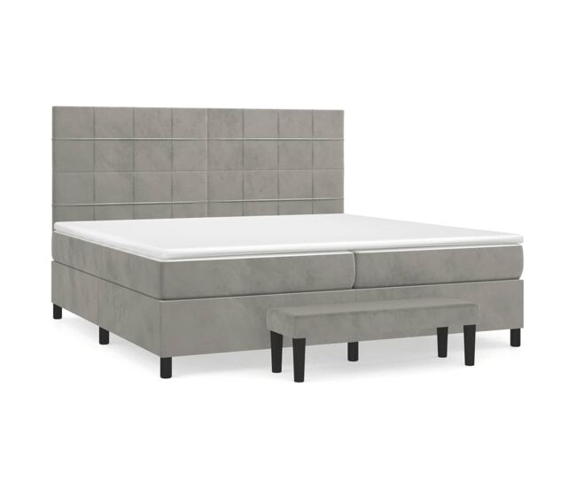 Cama box spring con colchón terciopelo gris claro 200x200 cm bloques con cuadros