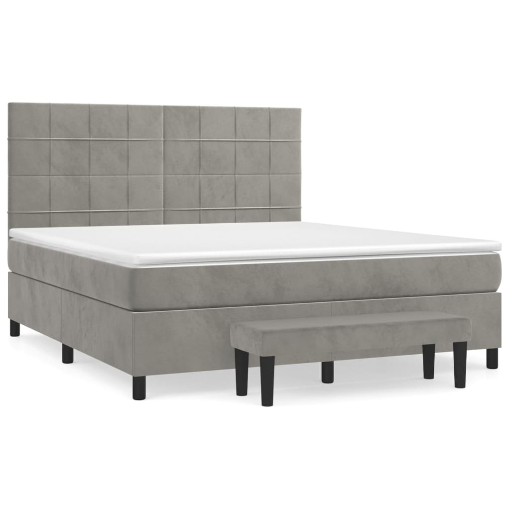 Cama box spring con colchón terciopelo gris claro 160x200 cm bloques con cuadros