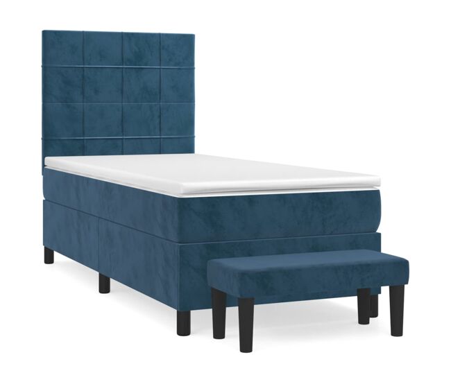 Cama box spring con colchón terciopelo azul oscuro 100x200 cm bloques con cuadros