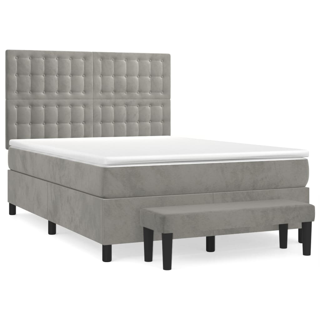 Cama box spring con colchón terciopelo gris claro 140x200 cm botones