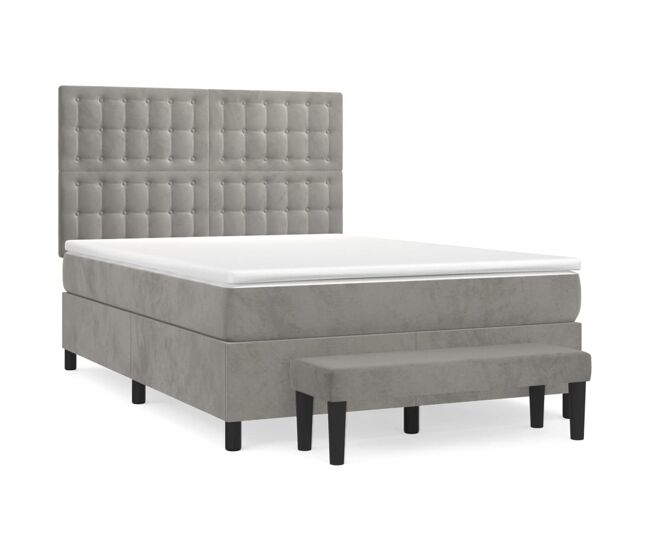 Cama box spring con colchón terciopelo gris claro 140x200 cm botones