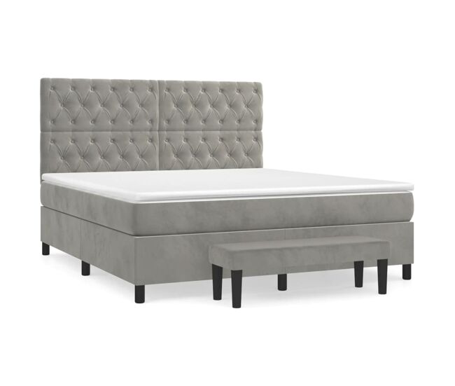 Cama box spring con colchón terciopelo gris claro 160x200 cm diseño de botones