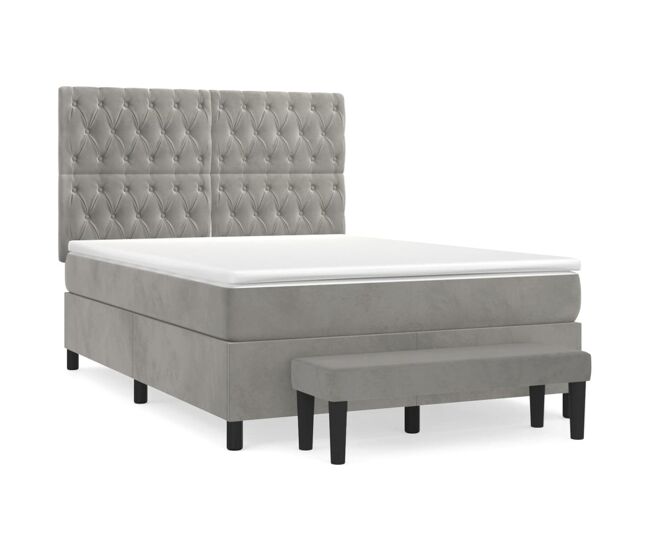 Cama box spring con colchón terciopelo gris claro 140x190 cm diseño de botones