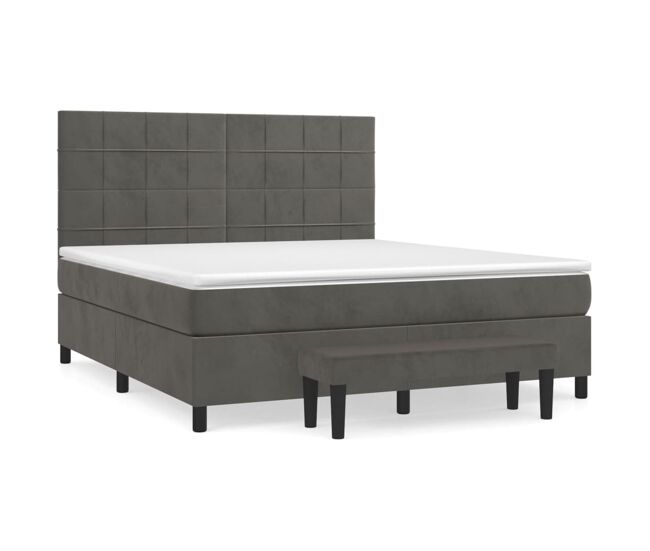 Cama box spring con colchón terciopelo gris oscuro 160x200 cm bloques con cuadros