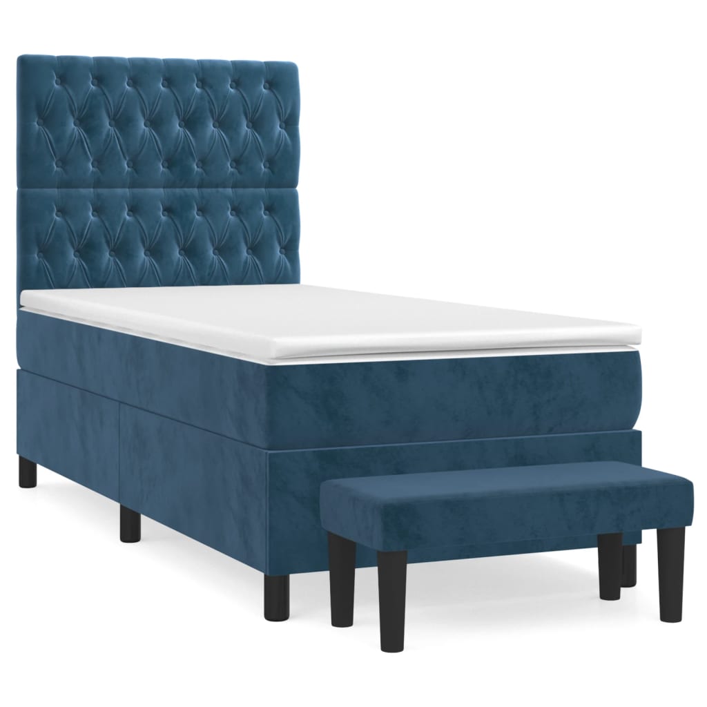 Cama box spring con colchón terciopelo azul oscuro 80x200 cm diseño de botones
