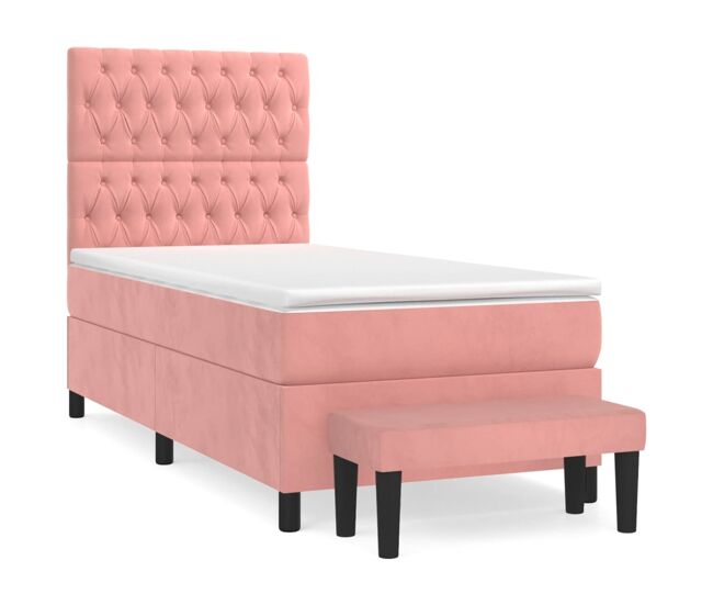 Cama box spring con colchón terciopelo rosa 100x200 cm diseño de botones