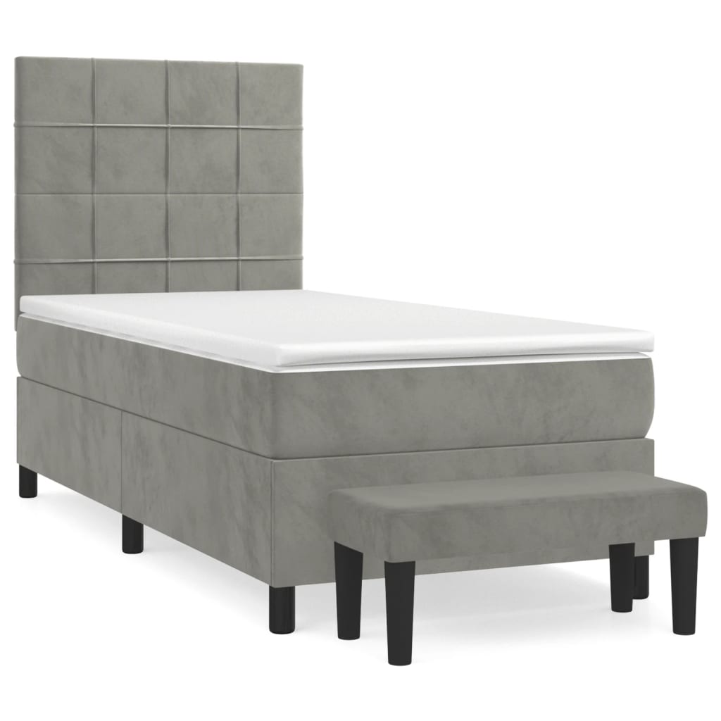 Cama box spring con colchón terciopelo gris claro 80x200 cm bloques con cuadros