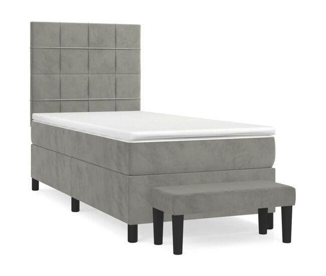 Cama box spring con colchón terciopelo gris claro 80x200 cm bloques con cuadros