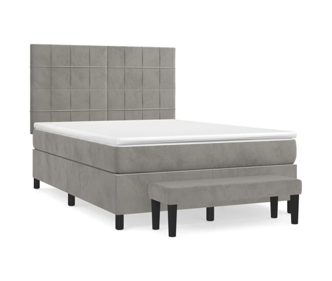 Cama box spring con colchón terciopelo gris claro 140x190 cm bloques con cuadros