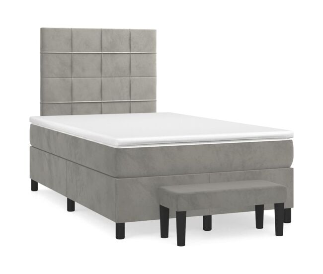 Cama box spring con colchón terciopelo gris claro 120x200 cm bloques con cuadros
