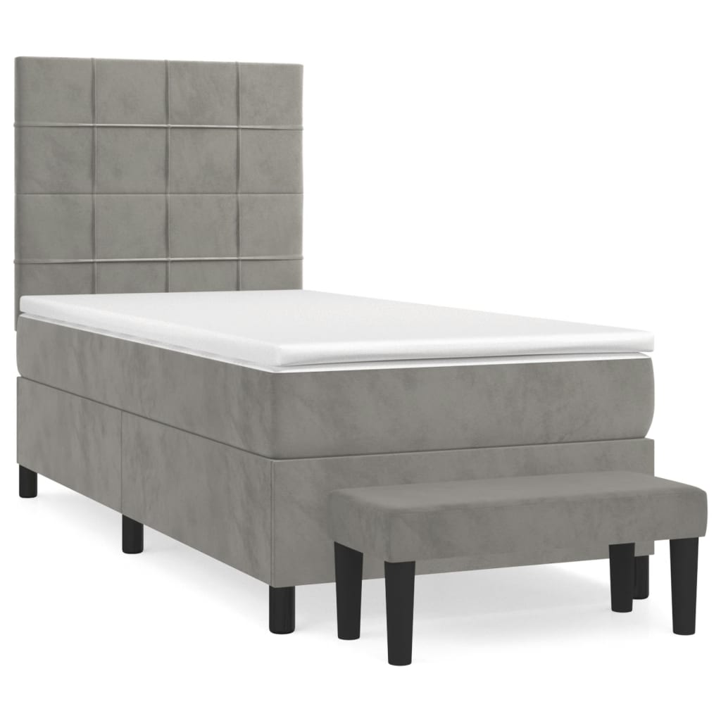 Cama box spring con colchón terciopelo gris claro 100x200 cm bloques con cuadros