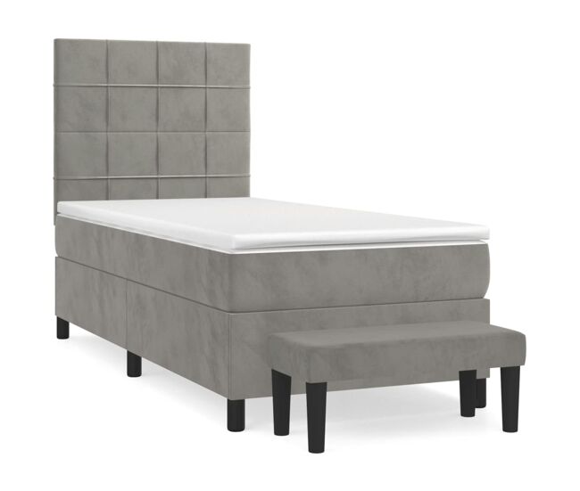 Cama box spring con colchón terciopelo gris claro 100x200 cm bloques con cuadros