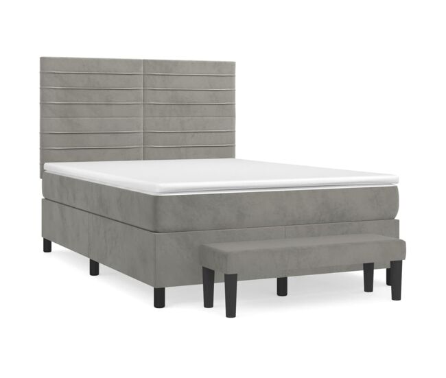 Cama box spring con colchón terciopelo gris claro 140x190 cm rayas horizontales
