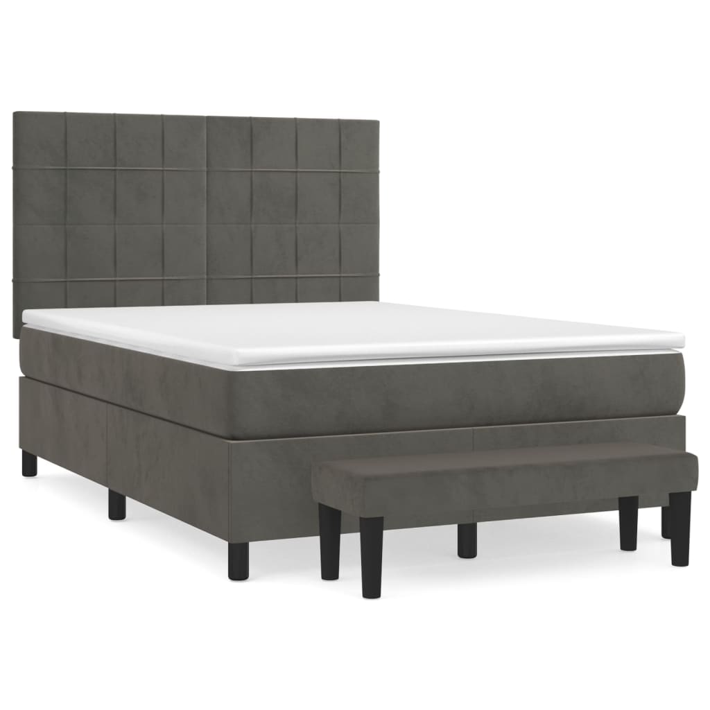 Cama box spring con colchón terciopelo gris oscuro 140x200 cm bloques con cuadros