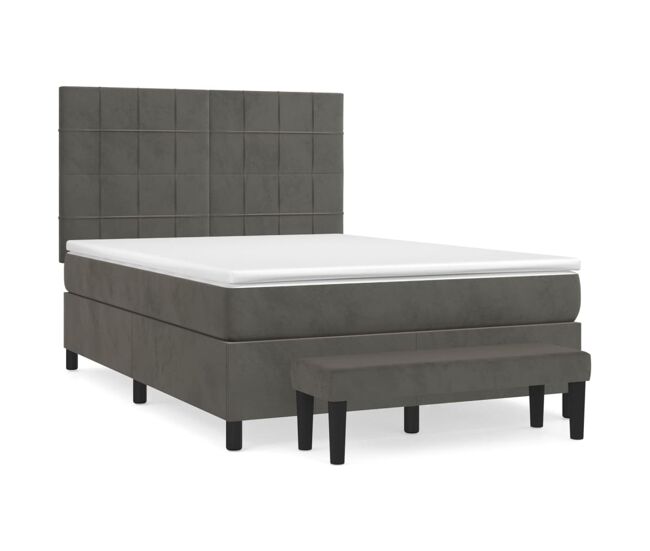 Cama box spring con colchón terciopelo gris oscuro 140x200 cm bloques con cuadros