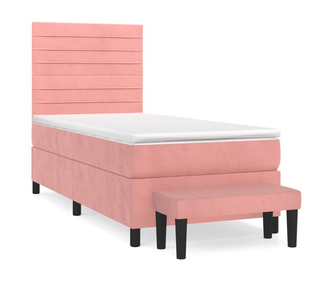 Cama box spring con colchón terciopelo rosa 90x190 cm rayas horizontales